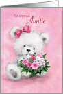 Birthday for Auntie , White Bear Holding Bunch of Pink Flowers card