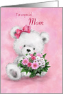 Birthday for MOM , White Bear Holding Bunch of Pink Flowers card