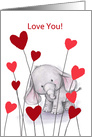 Love You, Cute Elephant With Red Hearts card