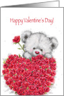 Valentine’s Day, Cute Bear with a Bunch of Heart Shaped Red Roses card