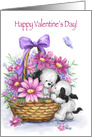 Two Cute Dogs in Flower Basket, Happy Valentine’s Day card