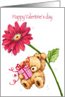 Valentine’s Day, Cute Bear Hanging on Red Flower with Present card