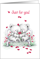 Cute Bear Couple Cuddling with Hearts Falling, Anniversary Loved One card