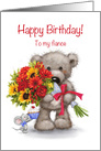 Cute Bear with Bunch of Flowers, Happy Birthday to My Fiance card