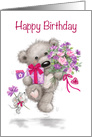 Cute Bear Hopping with Present and Flowers, Happy Birthday mom card