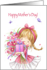 Cute Girl with Present and Flowers, Happy Mother’s Day card