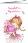 Happy Birthday My Niece, Cute Girl with Present and Flowers card