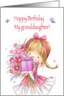 Happy Birthday My Granddaughter, Cute Girl with Present and Flowers card