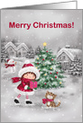 Cute girl with cat in snow village, Merry Christmas card