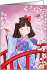 Japanese Girl in Kimono on Red Bridge card