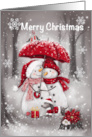 Merry Christmas, Snowman Couple with Umbrella in Wood card