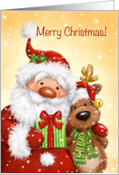 Merry Christmas, Santa and Reindeer Cuddling card