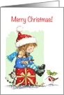 Merry Christmas, Cute Girl Sitting on Red Present with Dog and Cat card