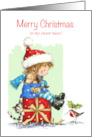 Merry Christmas to Niece,Girl Sitting on Red Present with Dog and Cat card