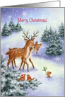 Merry Christmas Cute Dear Couple with Friends in Snowy Land card