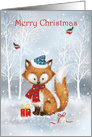 Merry Christmas, Cute Fox with Robins in Wood card