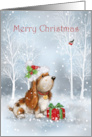 Merry Christmas Cute Dog with Robins in Wood card