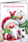 Merry Christmas Cute Santa and Snowman with Big Smile card