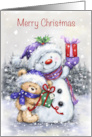 Merry Christmas,Bear and Snowman with Presents in Wood card