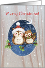 Merry Christmas Two Owls on Branch with Moon card