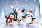 Three Happy Penguins Dancing in Snowfall card