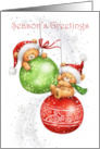 Season’s Greetings, Two Bears Hanging on Christmas Baubles card