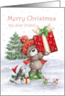 Merry Christmas for Friend Cute Bear Holding Big Present with Friends card