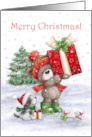 Merry Christmas for Friend Cute Bear Holding Big Present card
