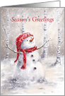 Season’s Greetings Happy Snowman in White Birch Wood card