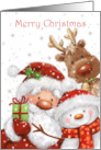 Merry Christmas Santa Reindeer and Snowman Saying Hi card