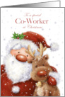 Christmas to Co Worker Santa and Reindeer with Big Smile card