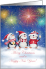 Merry Christmas and Happy New Year Penguins with Fireworks card