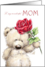 Happy Birthday to Mom Cute Bear Holding a Beautiful Rose card