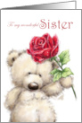 Happy Birthday to Sister Cute Bear Holding a Beautiful Rose card