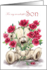 Valentine’s Day for Son Cute Bear Holding Bunch of Roses card