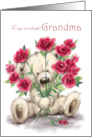 Happy Birthday for Grandma Cute Bear Holding Bunch of Roses card