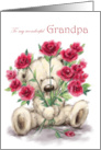 Happy Birthday for Grandpa Cute Bear Holding Bunch of Roses card