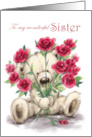 Happy Birthday for Sister Cute Bear Holding Bunch of Roses card