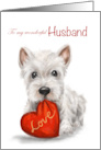 Valentine’s Day to Husband White Dog with Red Heart Cushion card
