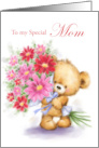Happy Birthday Mom Cute Bear with Beautiful Flowers card