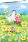 Happy Easter Hen and Chicks with Spring Flowers and Eggs card