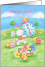 Happy Easter Rabbit and Chicks with Spring Flowers and Eggs card