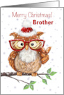 Merry Christmas Brother Cool Owl with Eyeglasses Showing V sigh card