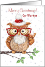 Merry Christmas Co-worker Cool Owl with Eyeglasses Showing V sigh card