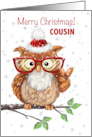 Merry Christmas Cousin Cool Owl with Eyeglasses Showing V sigh card