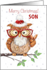 Merry Christmas Son Cool Owl with Eyeglasses Showing V Sign card
