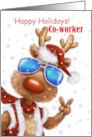Happy Holidays Co-Worker Cool funny Reindeer with Sunglasses V sign card
