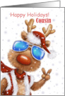 Happy Holidays Cousin Cool funny Reindeer with Sunglasses V sign card