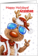 Happy Holidays Grandson Cool funny Reindeer with Sunglasses V sign card