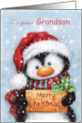 Merry Christmas Grandson Cute Penguin with Panel with Letters card